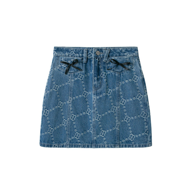 HERLIAN 'Dans La Fleur' Allover Logo Denim Skirts | MADA IN CHINA